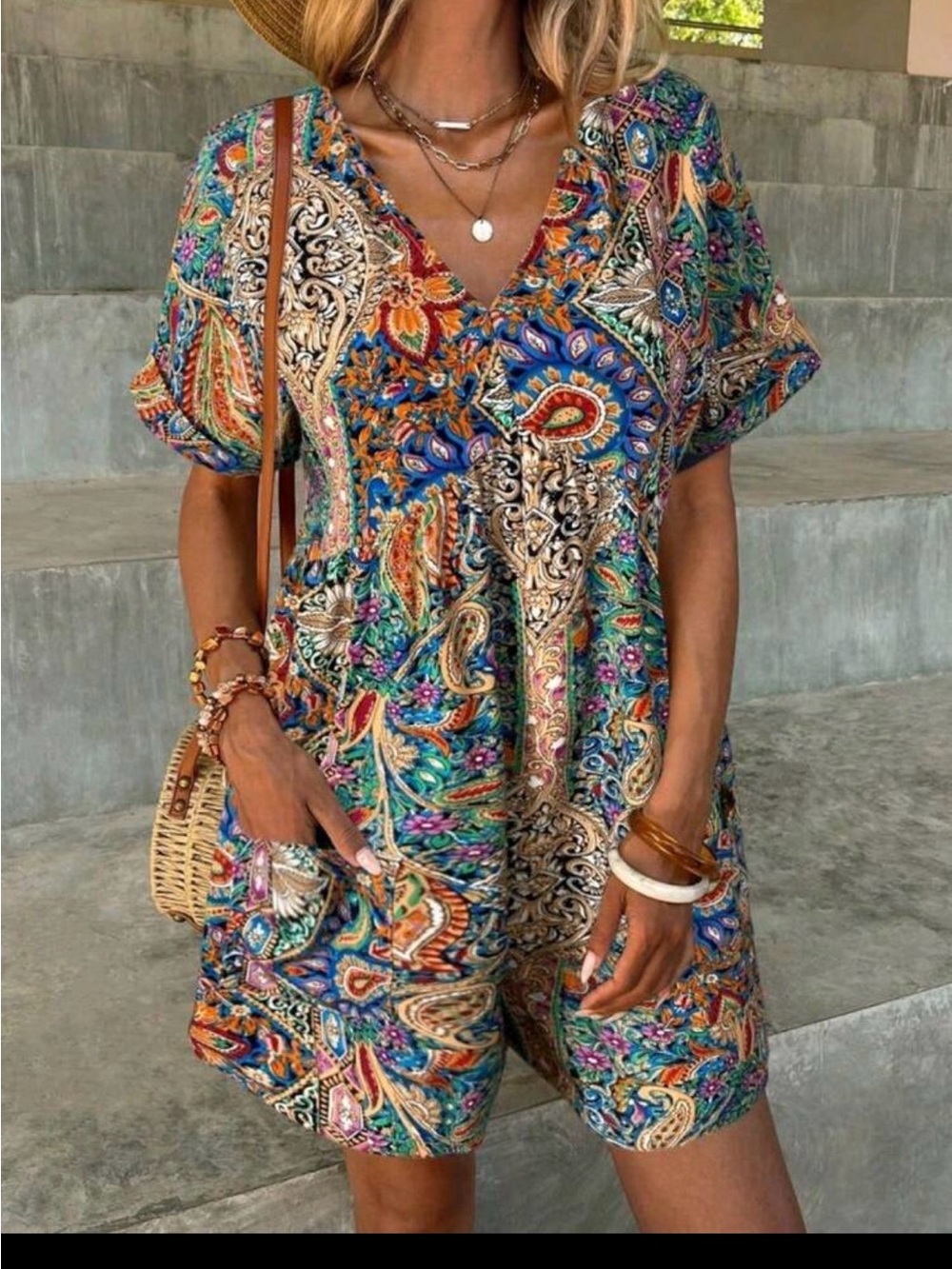 Bohemian Paisley V-Neck Short Sleeve Tunic Dress - Multicolor